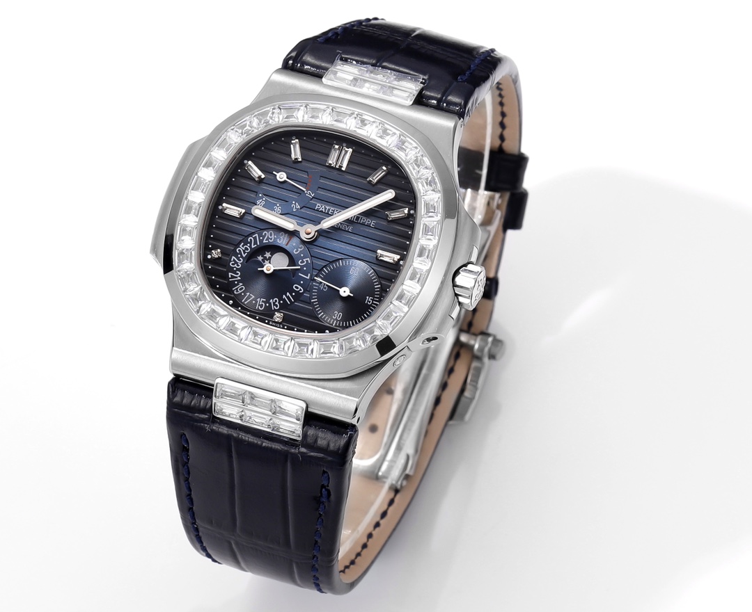 098e4c64 Nautilus 40mm 5724 Dia SS Blue/Stk PPF on Leather Strap A240 Super Clone - Image 3