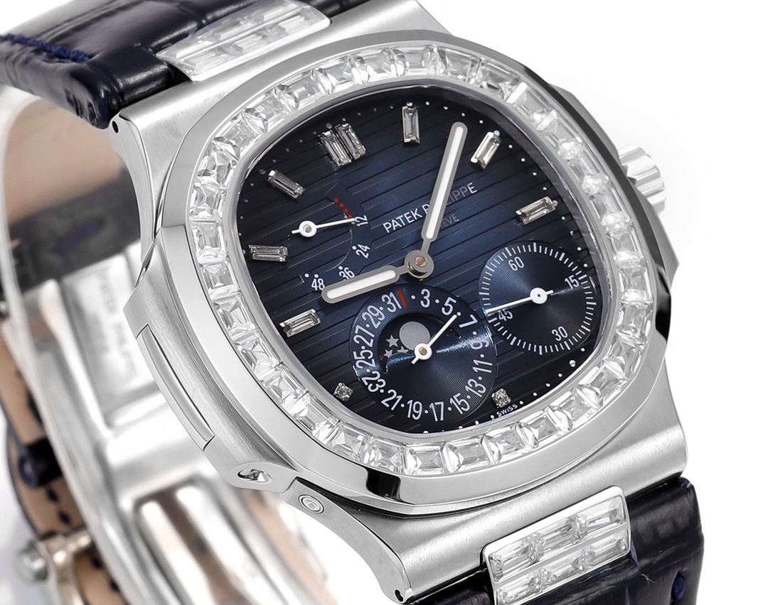 2cbe2bc7 Nautilus 40mm 5724 Dia SS Blue/Stk PPF on Leather Strap A240 Super Clone - Image 4