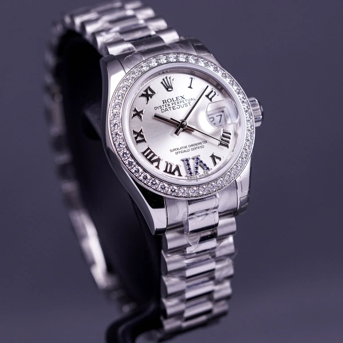 DATEJUSTplatinumdiamond6-2 Datejust 26mm Platinum Diamond Ring Silver Roman Dial with Sapphire on 6 - Image 3