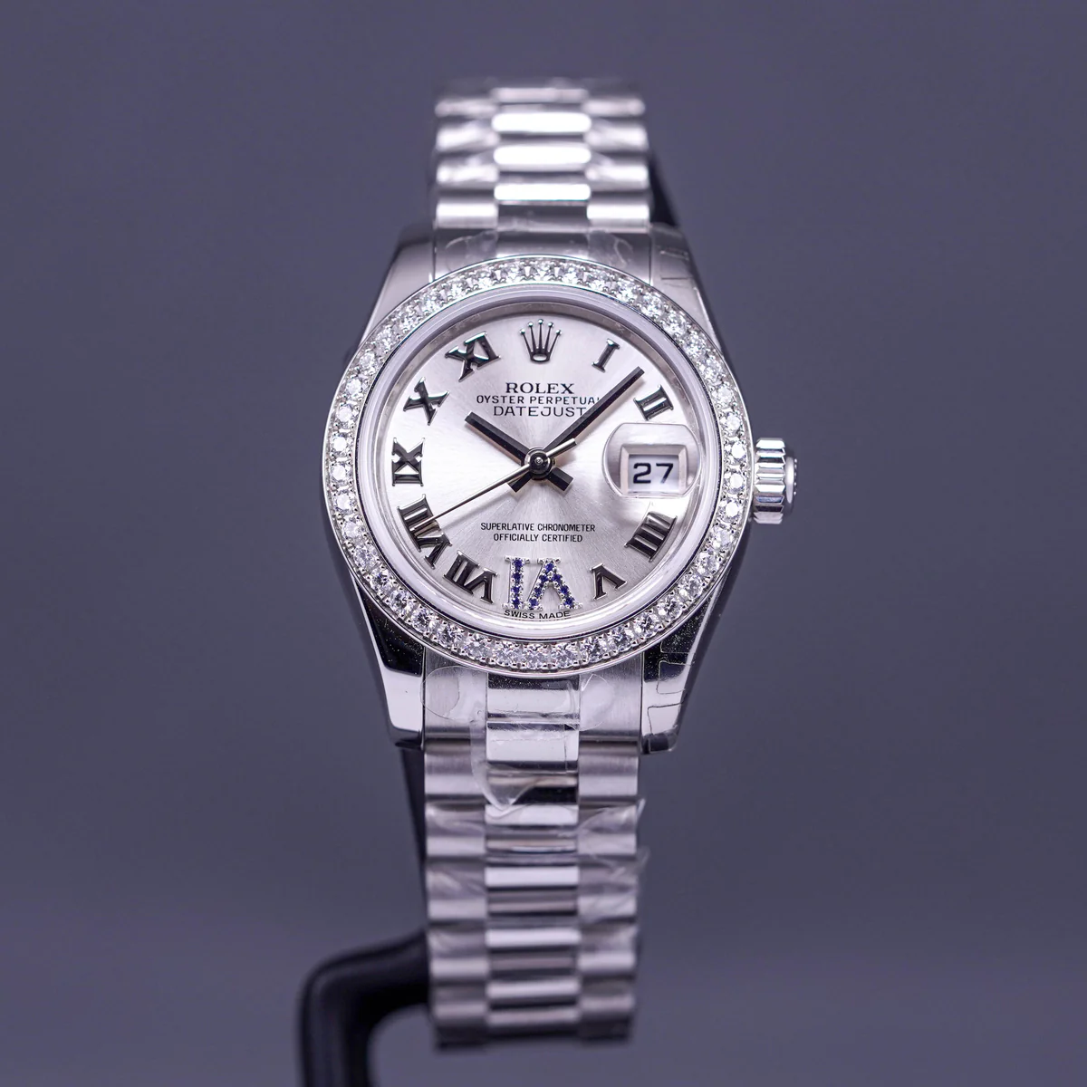 DATEJUSTplatinumdiamond6 Datejust 26mm Platinum Diamond Ring Silver Roman Dial with Sapphire on 6