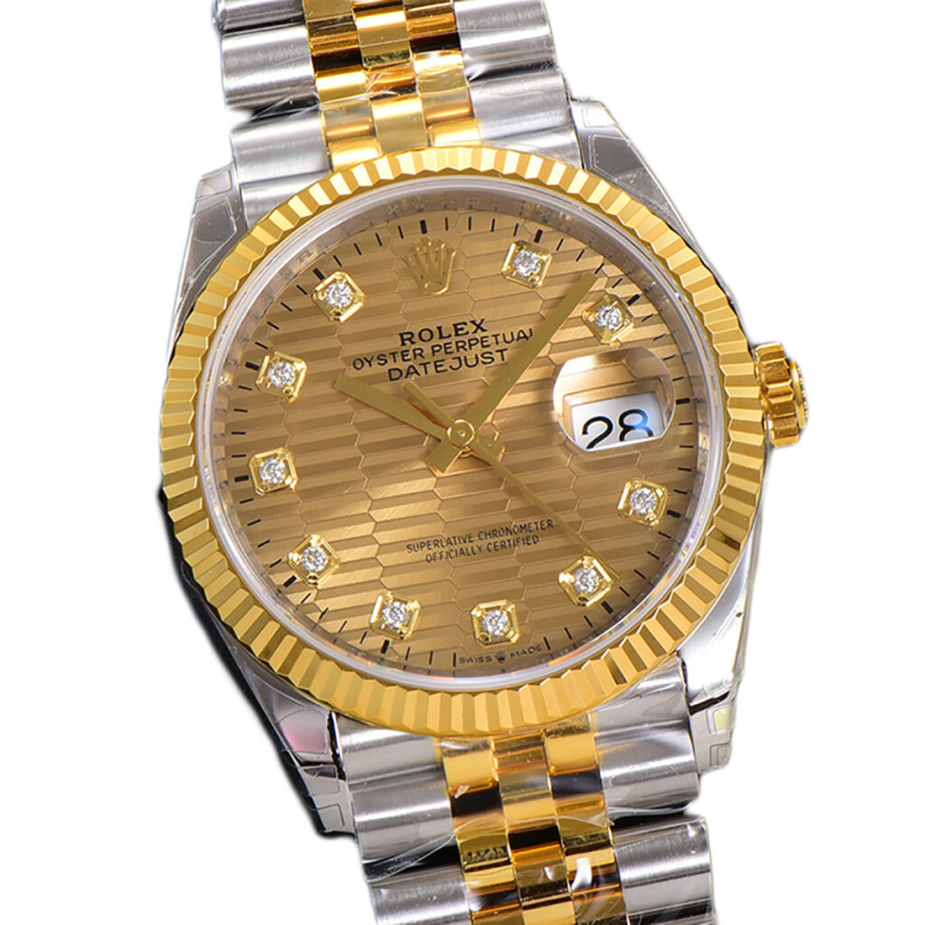 Datejust-36-126233-Golden-Motif-Dial-with-Diamond-Marker-in-SteelYellow-in-Jubilee-2-1-1024x1024-1 DateJust 36mm 126233 Clean 1:1 Best Edition 904L Steel YG Textured Diamonds Dial on Jubilee Bracelet VR3235 - Image 3