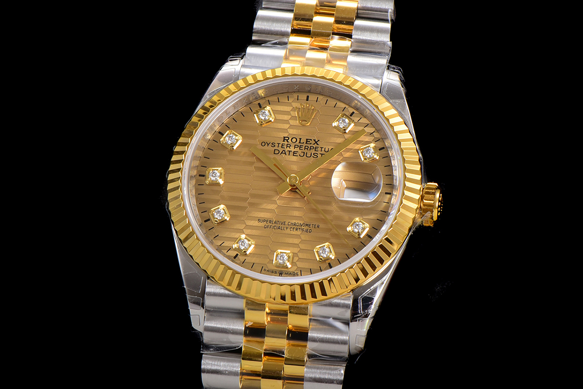 Datejust-36-126233-Golden-Motif-Dial-with-Diamond-Marker-in-SteelYellow-in-Jubilee-3-1 DateJust 36mm 126233 Clean 1:1 Best Edition 904L Steel YG Textured Diamonds Dial on Jubilee Bracelet VR3235 - Image 4