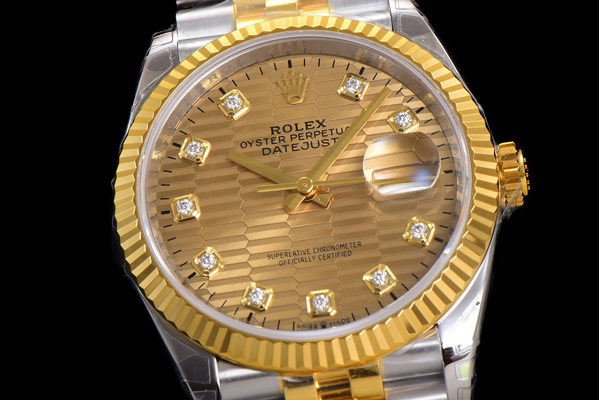 Datejust-36-126233-Golden-Motif-Dial-with-Diamond-Marker-in-SteelYellow-in-Jubilee-5-1 DateJust 36mm 126233 Clean 1:1 Best Edition 904L Steel YG Textured Diamonds Dial on Jubilee Bracelet VR3235 - Image 5