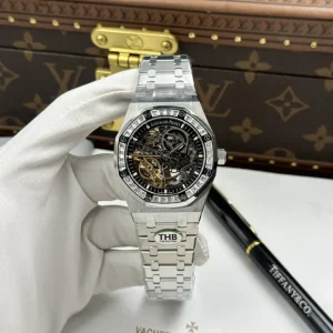 Audemars Piguet Royal Oak Openworked Frosted 15412 Skeleton Dial Bezel Stone Baguette 41mm