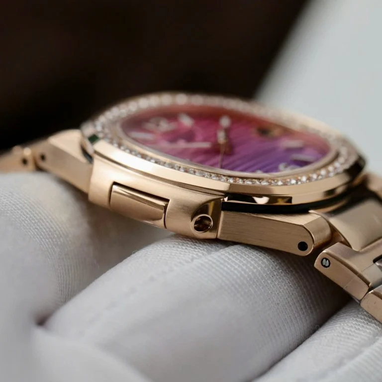 Dong-Ho-Patek-Philippe-Che-Tac-Nautilus-7010R-Nu-Mat-Tim-Hong-Day-Kim-Loai-Xuong-GR-32mm-2-768x768-1 Patek Philippe Nautilus 7010R Imitation Watch Purple Pink Dial Metal Wire Bracelet GR Factory 32mm - Image 7