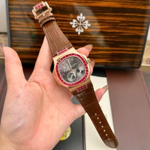 Patek Philippe Nautilus 5724 Gray Dial Bezel Stone Red Baguette CZ 40mm