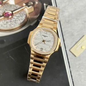 Patek Philippe Nautilus 7118 White Dial Bezel Moissanite Diamonds 35.2mm