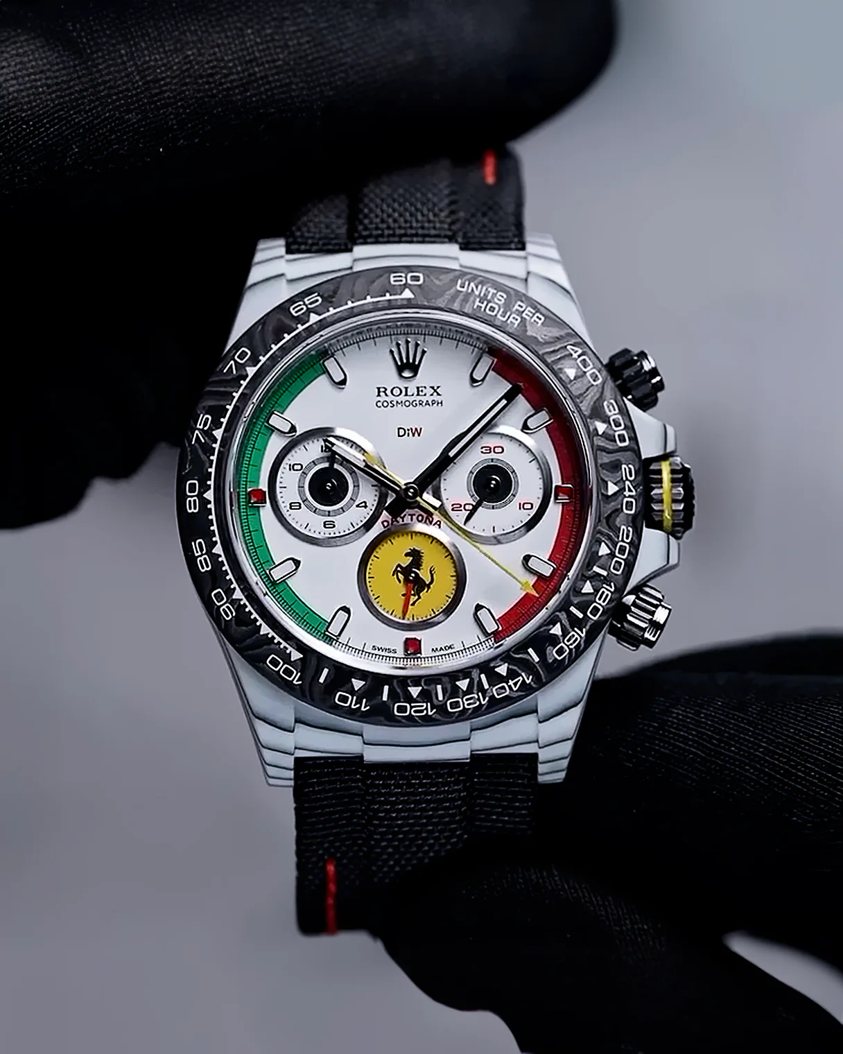 FerrariWatchFINAL Daytona DIW Ferrari White Carbon DIWF Best Edition White Italy Dial on Black Nylon Strap DD4801 Super Clone - Image 2