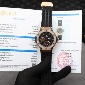 Hublot Big Bang Chronograph King Gold Black Dial Custom Moissanite Bezel Replica 41mm