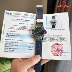 Hublot Classic Fusion Titanium Blue Custom Ruby & Sapphire Bezel Leather Strap Best Replica 42mm
