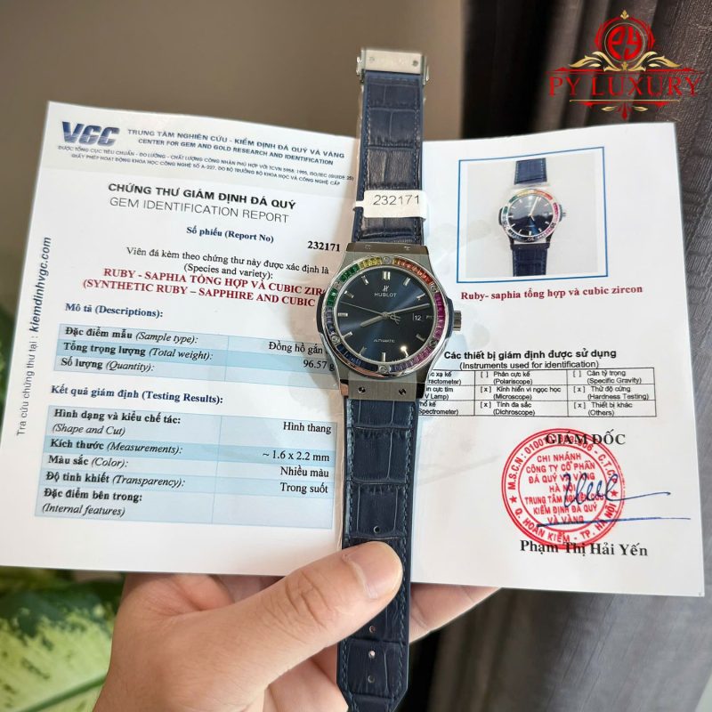 Hublot-Classic-Fusion-Blue-Dial-Custom-Ruby-Sapphire-Bezel-1-800x800 Hublot Classic Fusion Titanium Blue Custom Ruby & Sapphire Bezel Leather Strap Best Replica 42mm