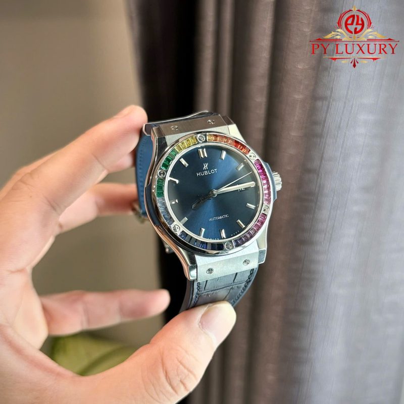 Hublot-Classic-Fusion-Blue-Dial-Custom-Ruby-Sapphire-Bezel-2-800x800 Hublot Classic Fusion Titanium Blue Custom Ruby & Sapphire Bezel Leather Strap Best Replica 42mm - Image 5
