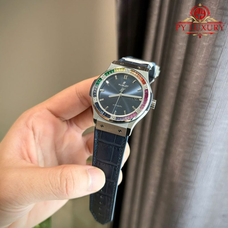 Hublot-Classic-Fusion-Blue-Dial-Custom-Ruby-Sapphire-Bezel-3-800x800 Hublot Classic Fusion Titanium Blue Custom Ruby & Sapphire Bezel Leather Strap Best Replica 42mm - Image 4