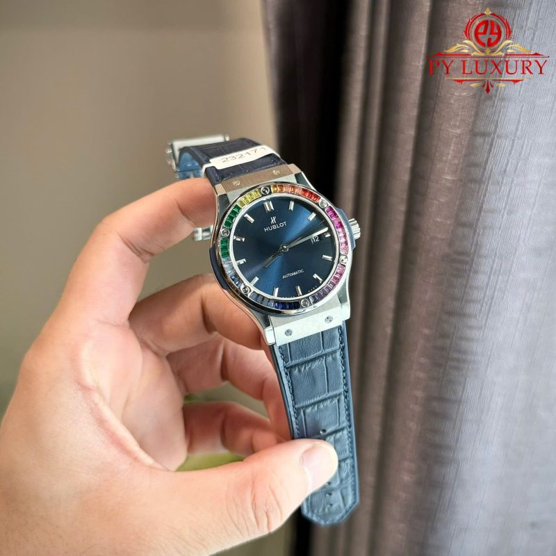 Hublot-Classic-Fusion-Blue-Dial-Custom-Ruby-Sapphire-Bezel-4-800x800 Hublot Classic Fusion Titanium Blue Custom Ruby & Sapphire Bezel Leather Strap Best Replica 42mm - Image 3