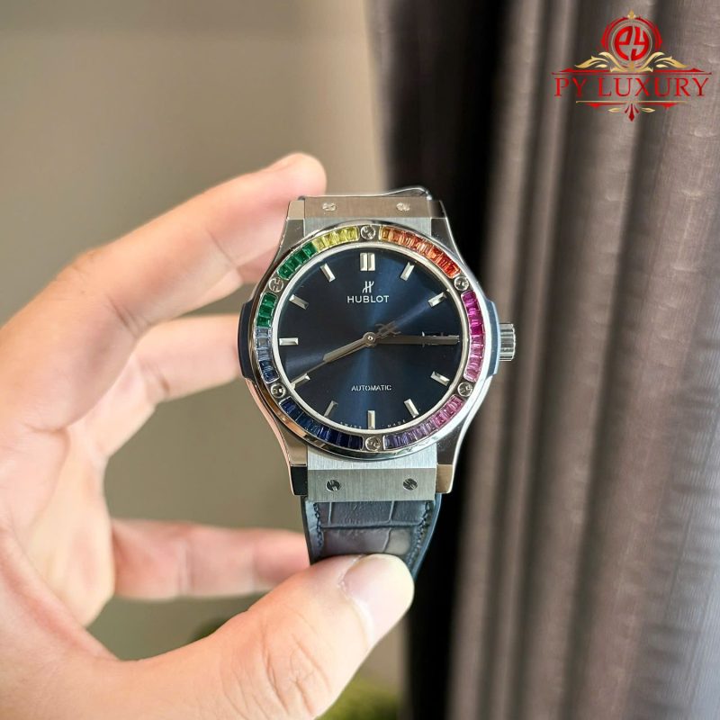 Hublot-Classic-Fusion-Blue-Dial-Custom-Ruby-Sapphire-Bezel-5-800x800 Hublot Classic Fusion Titanium Blue Custom Ruby & Sapphire Bezel Leather Strap Best Replica 42mm - Image 6