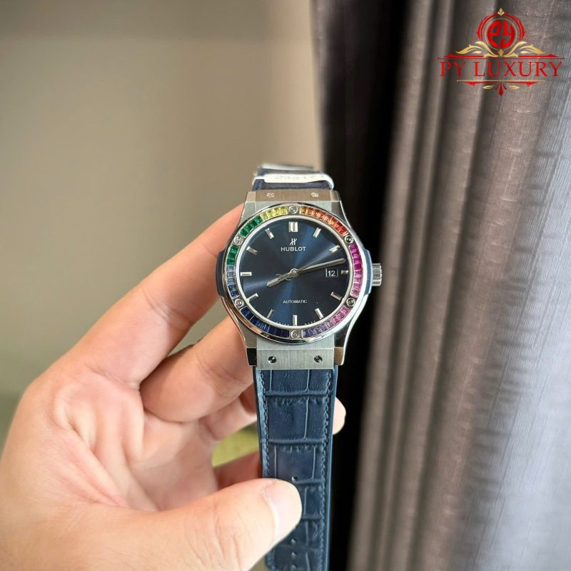 Hublot-Classic-Fusion-Blue-Dial-Custom-Ruby-Sapphire-Bezel-800x800 Hublot Classic Fusion Titanium Blue Custom Ruby & Sapphire Bezel Leather Strap Best Replica 42mm - Image 2