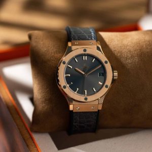Hublot Classic Fusion King Gold Grey Dial Leather Strap Lady Watch Replica 33mm