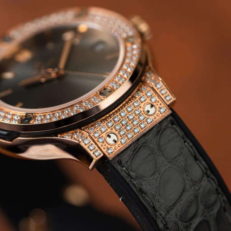 Hublot-Classic-Fusion-King-Gold-Pave-Grey-Dial-Leather-Lady-Watch-33mm-6-scaled-800x800 Hublot Classic Fusion King Gold Pav¨¦ CZ Stones Grey Dial Leather Strap Lady Watch Replica 33mm - Image 6