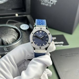 Hublot Classic Fusion Titanium Blue Dial CZ Stones Bezel Leather Strap Ladies Replica 33mm