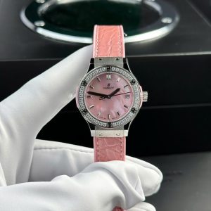 Hublot Classic Fusion Titanium Pink MOP Dial CZ Stones Bezel Leather Strap Ladies Replica 33mm