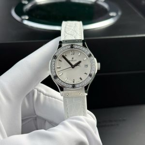 Hublot Classic Fusion Titanium White Dial CZ Stones Bezel Leather Strap Ladies Replica 33mm