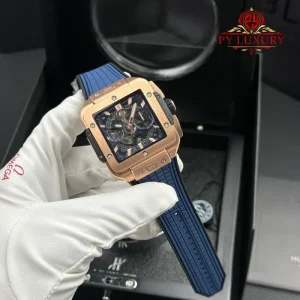 Hublot Square Bang Unico King Gold Blue Rubber Strap Best Replica BBF 42mm