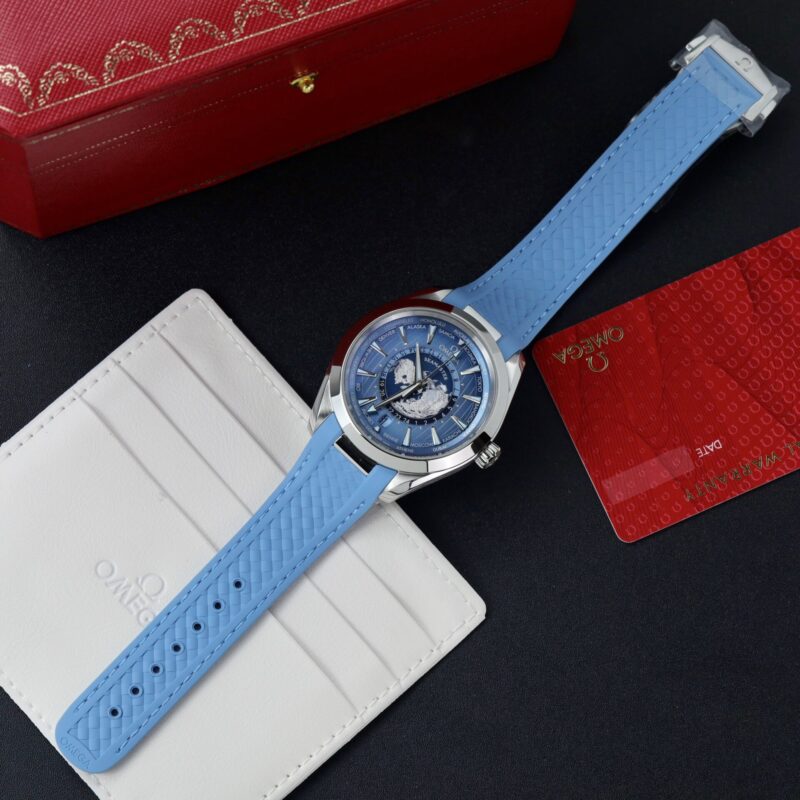 OMEGA-Seamaster-Aqua-Terra-GMT-Worldtimer-Summer-Blue-Dial-2-800x800 Omega Aqua Terra GMT Worldtimer Summer Blue Rubber Strap Best Replica VSF 43mm - Image 2