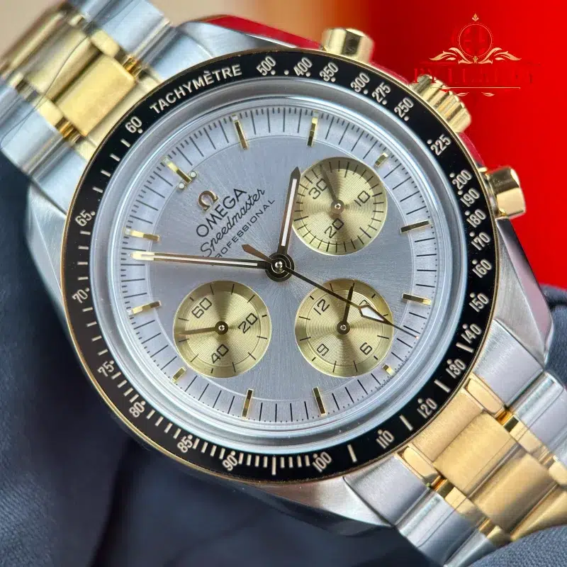 Omega-Speedmaster-Moonwatch-Chronograph-Two-Tone-Yellow-Gold-Silver-Dial-Swiss-Replica-N1F-4-800x800 Omega Speedmaster Moonwatch Chronograph Two Tone Yellow Gold Silver Dial Swiss Replica 42mm - Image 4