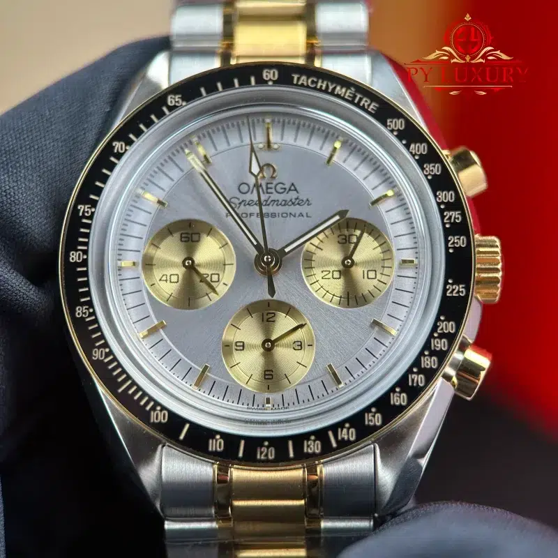 Omega-Speedmaster-Moonwatch-Chronograph-Two-Tone-Yellow-Gold-Silver-Dial-Swiss-Replica-N1F-5-800x800 Omega Speedmaster Moonwatch Chronograph Two Tone Yellow Gold Silver Dial Swiss Replica 42mm - Image 5