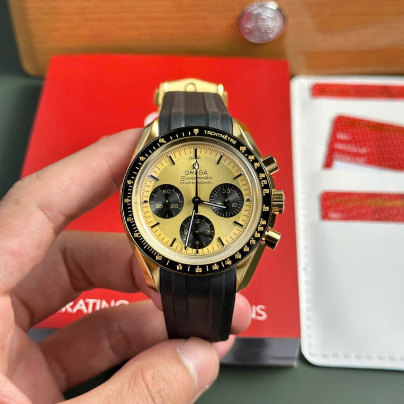 Omega-Speedmaster-Professional-Moonwatch-Chronograph-Gold-Yellow-Dial-scaled-800x800 Omega Speedmaster Professional Moonwatch Chronograph Yellow Gold Yellow Dial Rubber Replica 42mm