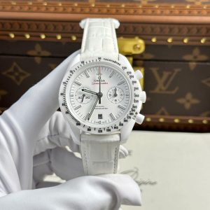Omega Speedmaster White Side of The Moon White Ceramic Leather Strap Replica 44mm