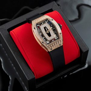 Richard Mille RM07-01 Rose Gold Diamonds Onyz Dial Rubber Strap 1:1 Super Clone ZF 45.32 x 32.3mm