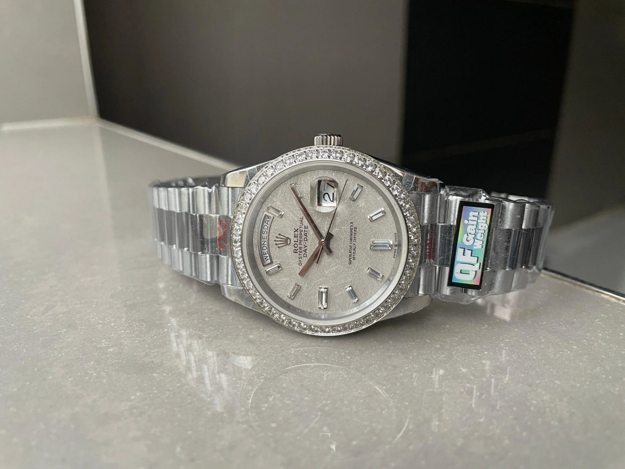 WhatsApp-Image-2025-02-10-at-11.54.04-scaled-1-2048x1536-1 Day-Date 40mm 228349 SS Diam Bezel Meteorite Dial Diamond SS President Bracelet GSF A2836 Mod - Image 5