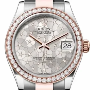 Rolex Everose Rolesor Datejust 31 Watch ¨C Diamond Bezel ¨C Silver Floral Motif Diamond Dial ¨C Oyster Bracelet ¨C Super Clone