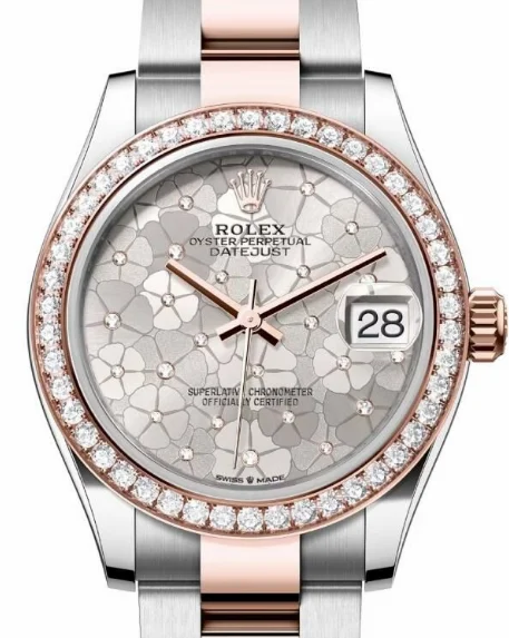rolex-31-datejust-motif-dial-diamond-bezel Rolex Everose Rolesor Datejust 31 Watch ¨C Diamond Bezel ¨C Silver Floral Motif Diamond Dial ¨C Oyster Bracelet ¨C Super Clone